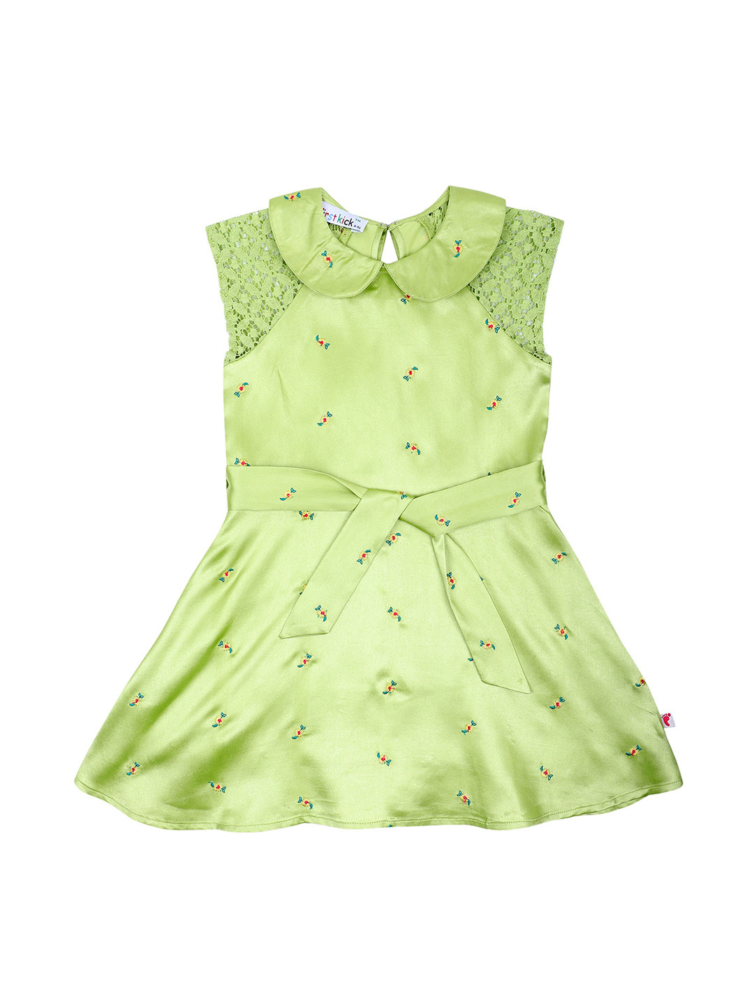 First Kick Girls Lime Green Embroidered A-Line Dress