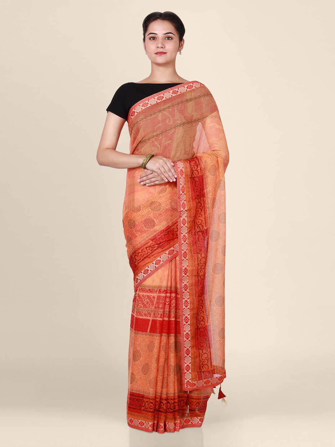 CLAI WORLD Orange & Red Poly Georgette Printed Saree