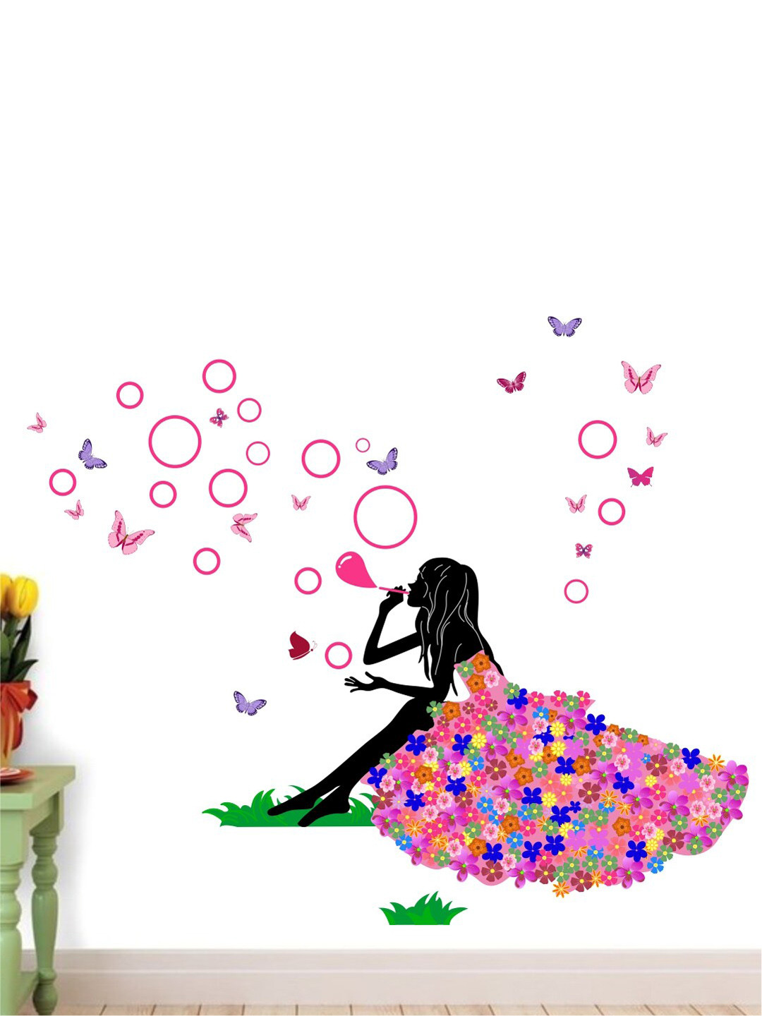 rawpockets Girl Blowing Bubbles with Butterfly Wall Stickers (PVC Vinyl,Multicolour)