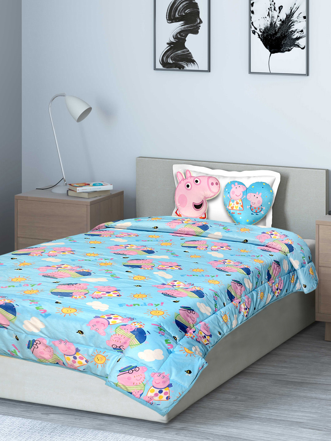 Saral Home Turquoise Blue & Pink Cartoon Characters Mild Winter 210 GSM Single Bed Quilt