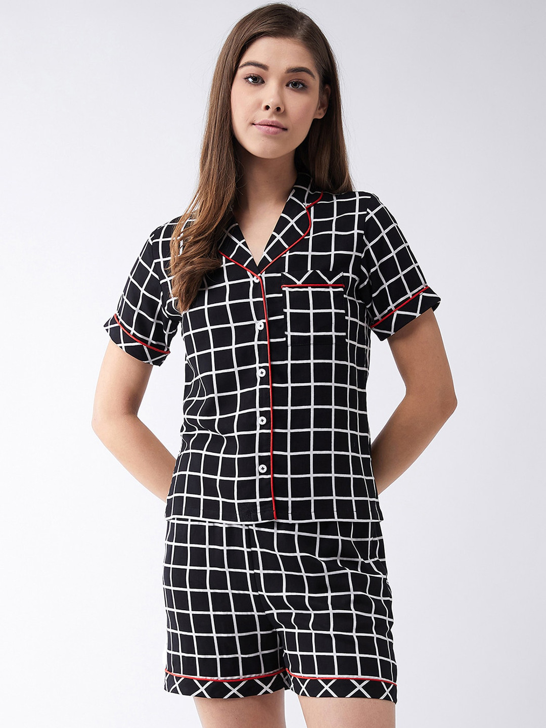 Miss Chase Women Black & White Checked Night suit