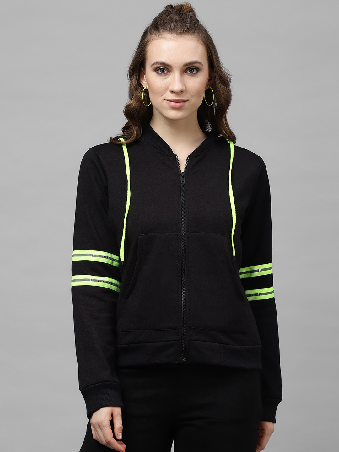 Athena Women Black Solid Hooded Sweatshirt