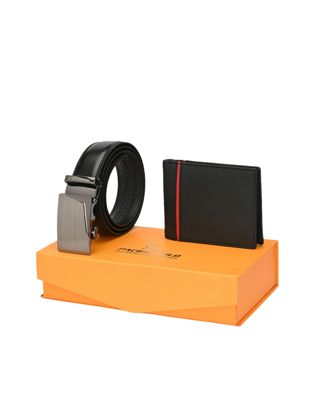 Pacific Gold Men Black Auto Lock Genuine Leather Accessory Gift Set