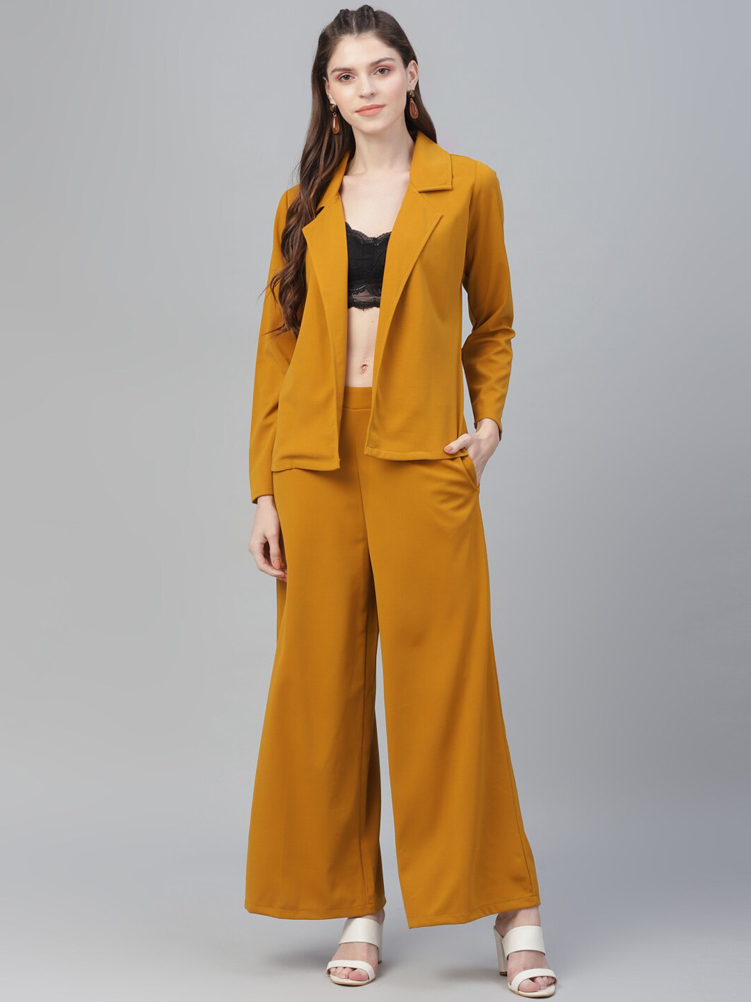 Athena Women Mustard Yellow Solid Blazer with Trousers