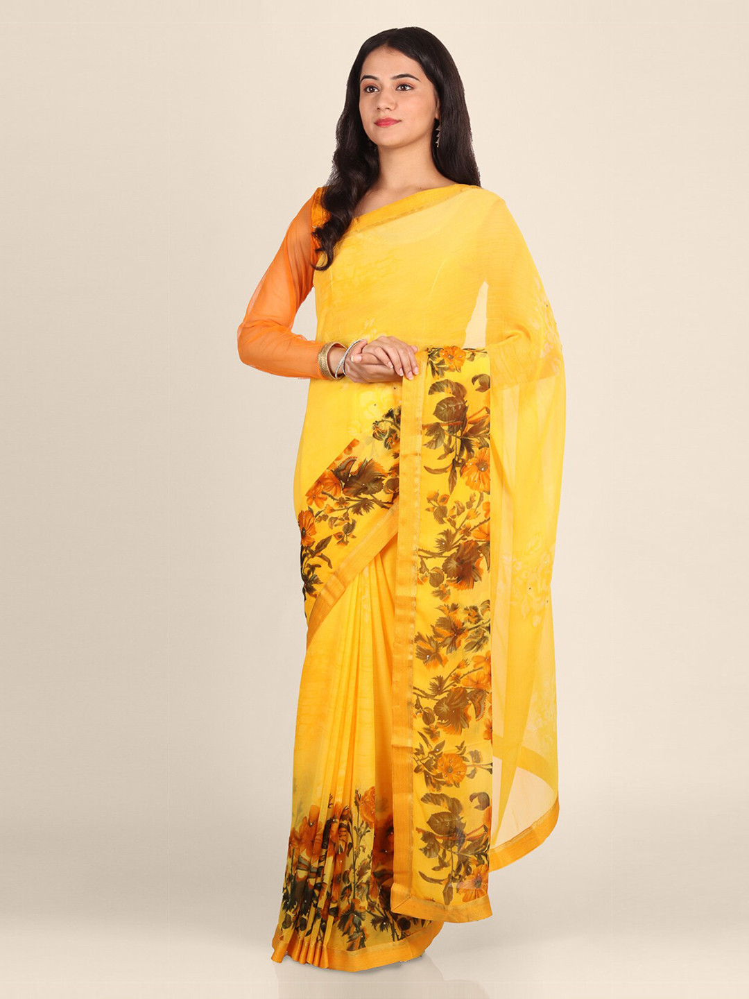 CLAI WORLD Yellow Printed Poly Georgette Handloom Saree