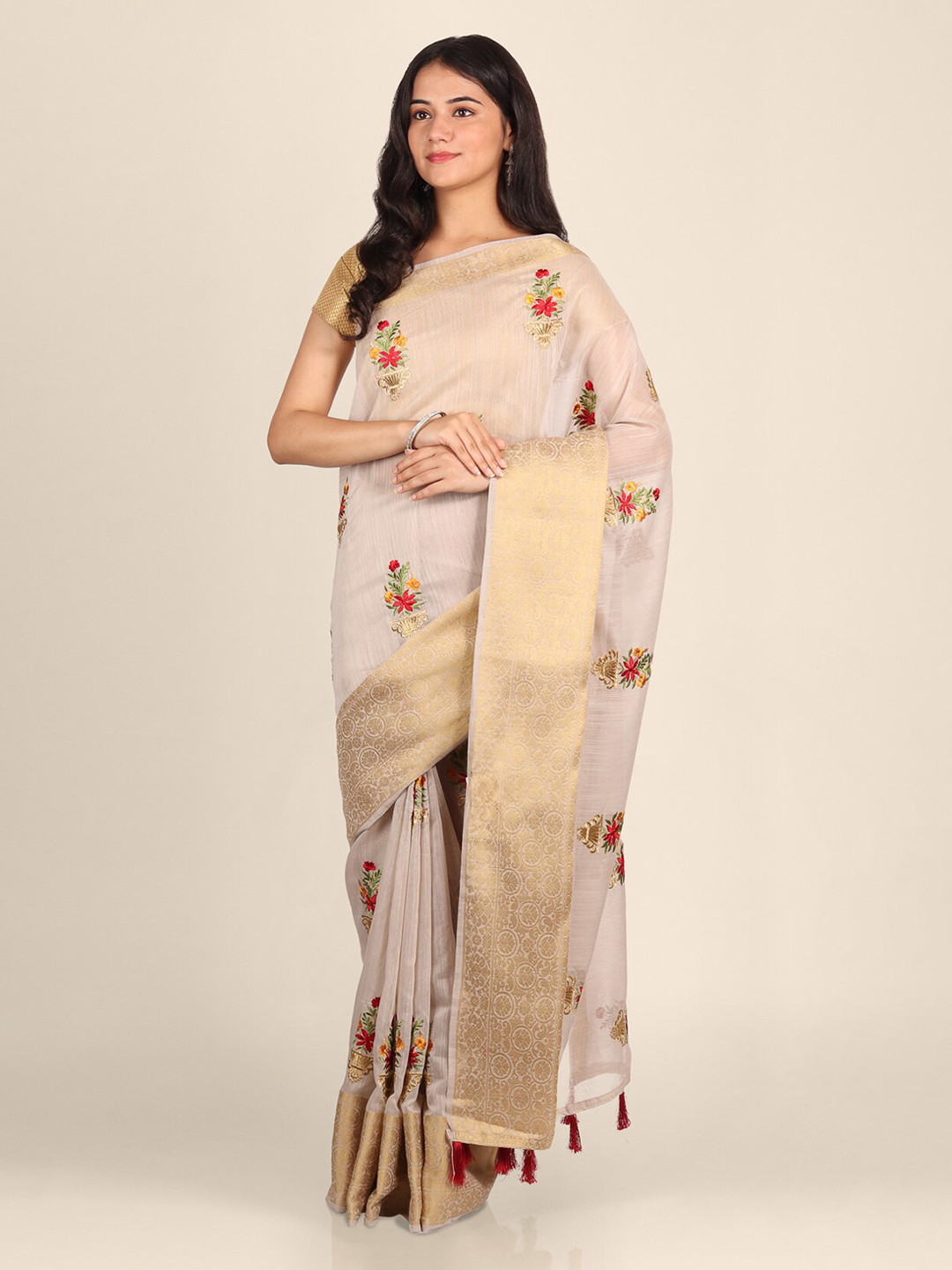CLAI WORLD Off-White & Red Silk Blend Checked Saree