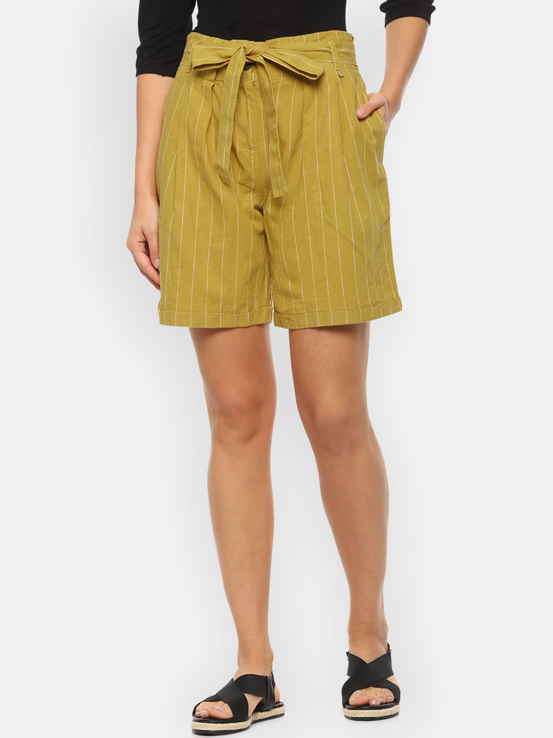 Van Heusen Women Mustard Yellow Striped Regular Fit Regular Shorts
