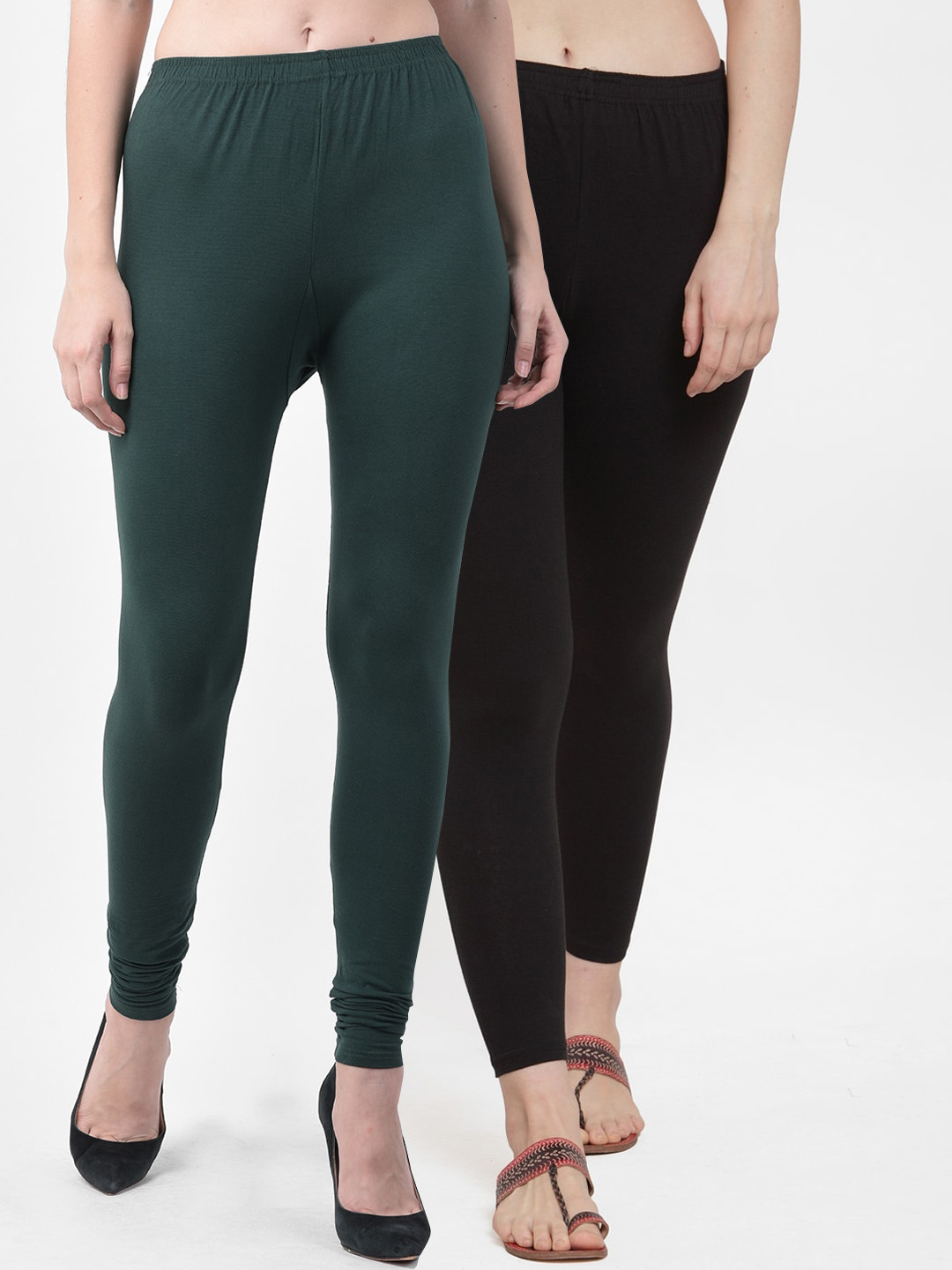GRACIT Women Pack of 2 Black & Green Solid Leggings