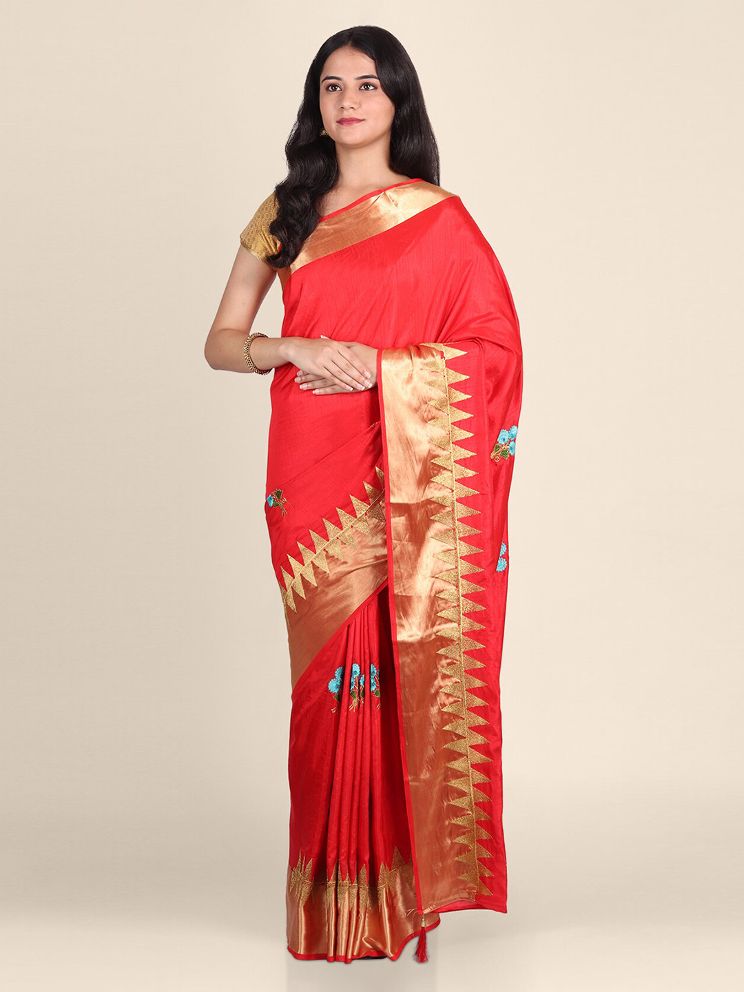 CLAI WORLD Red & Blue Silk Blend Floral Embroidered Handloom Saree