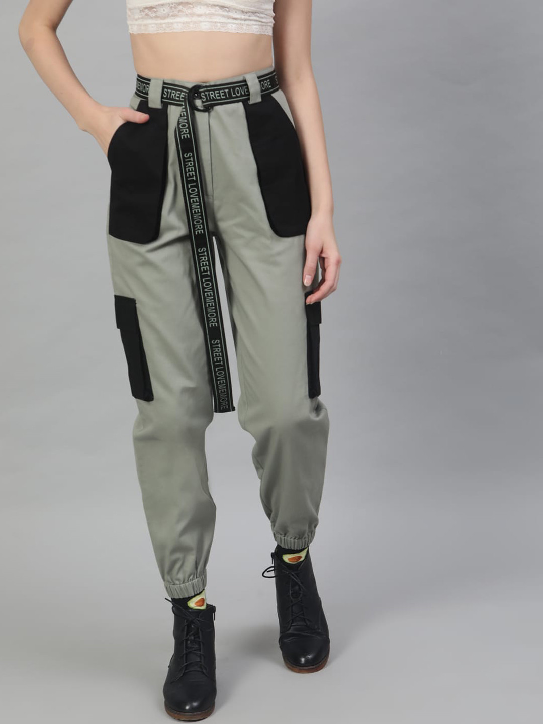 STREET 9 Women Green & Black Regular Fit Solid Joggers