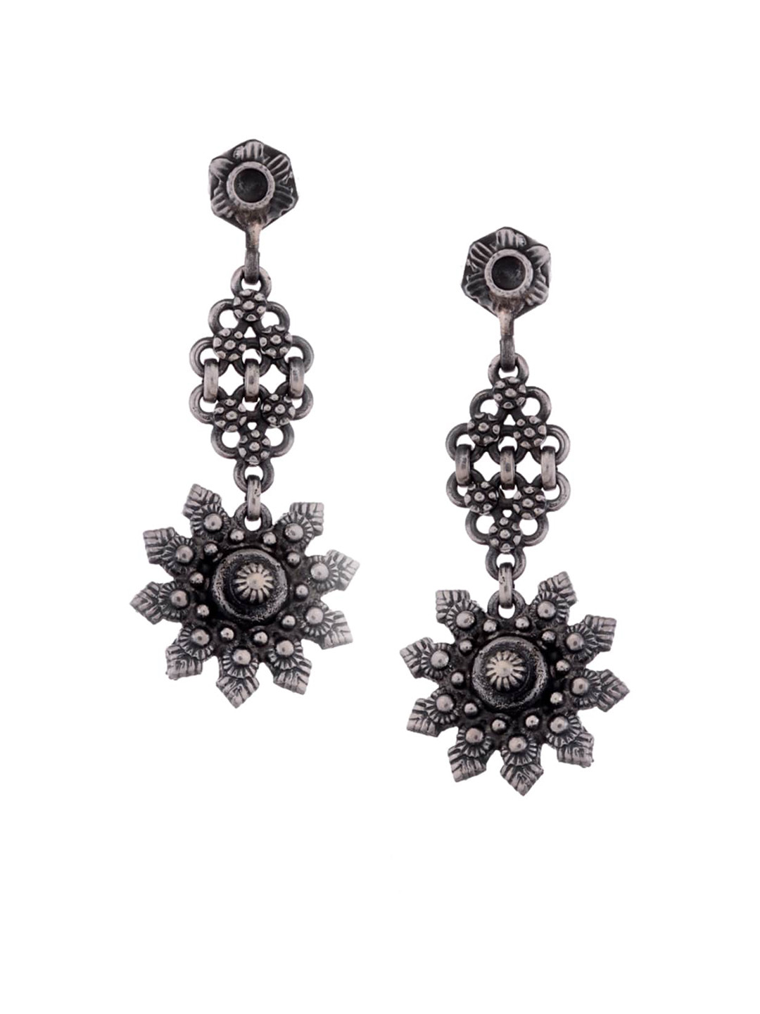 Silvermerc Designs Black Silver-Plated Oxidised Floral Drop Earrings