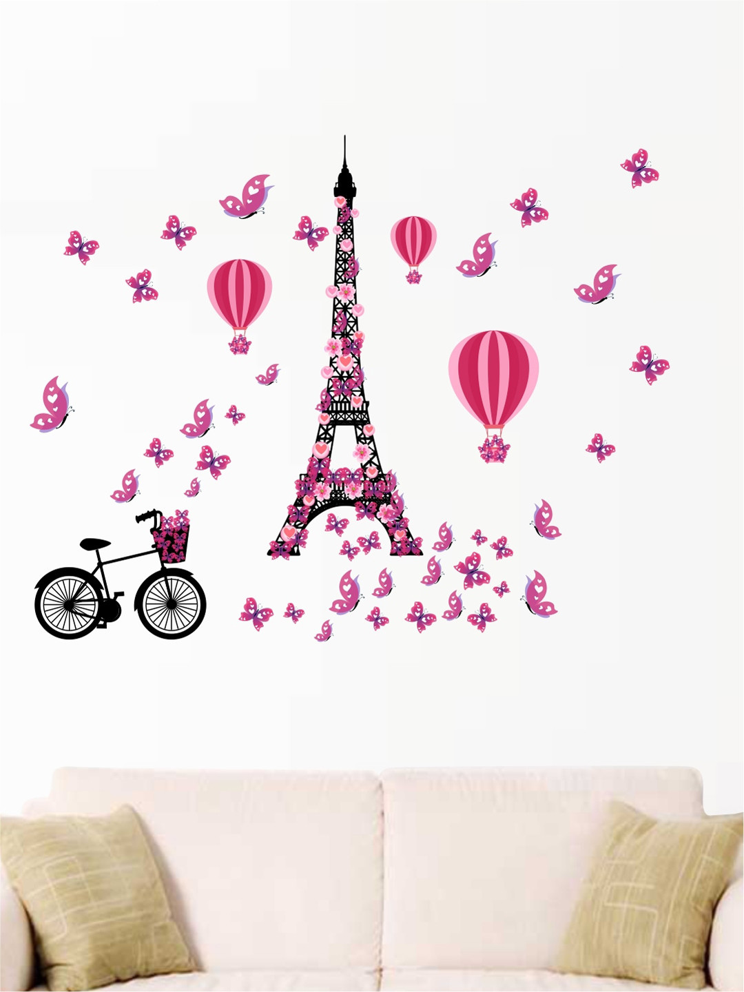 rawpockets Pink & Black Eiffel Tower With Butterflies Wall Stickers