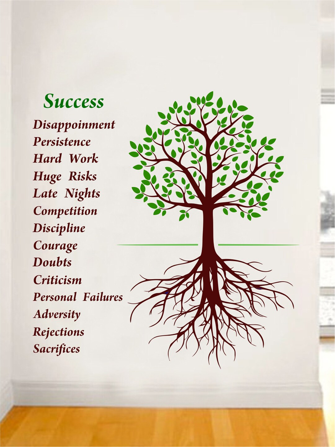 rawpockets Green & Brown Success Quotes with Tree Wall Stickers