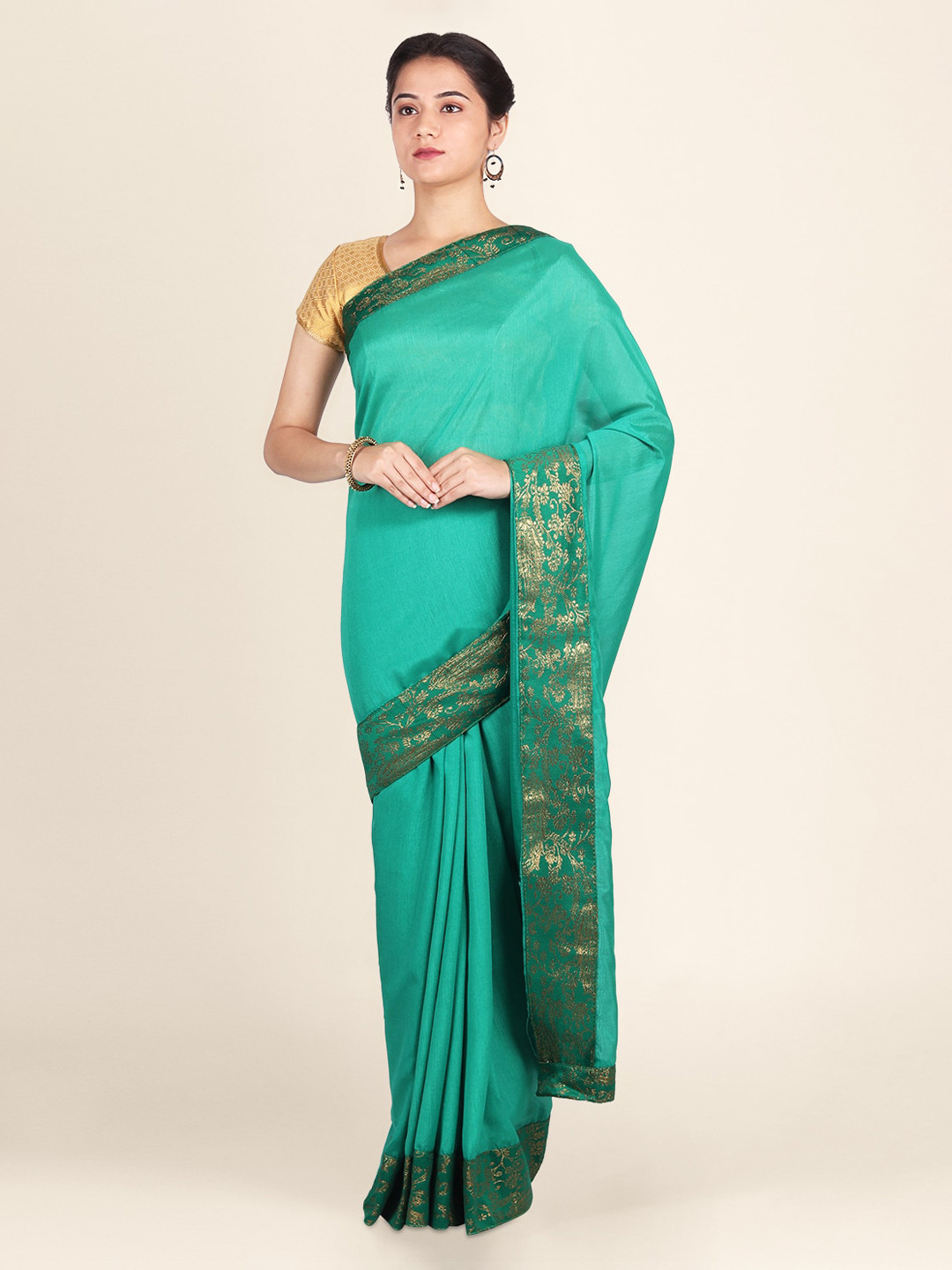 CLAI WORLD Turquoise Blue Handloom Solid Silk Blend Saree