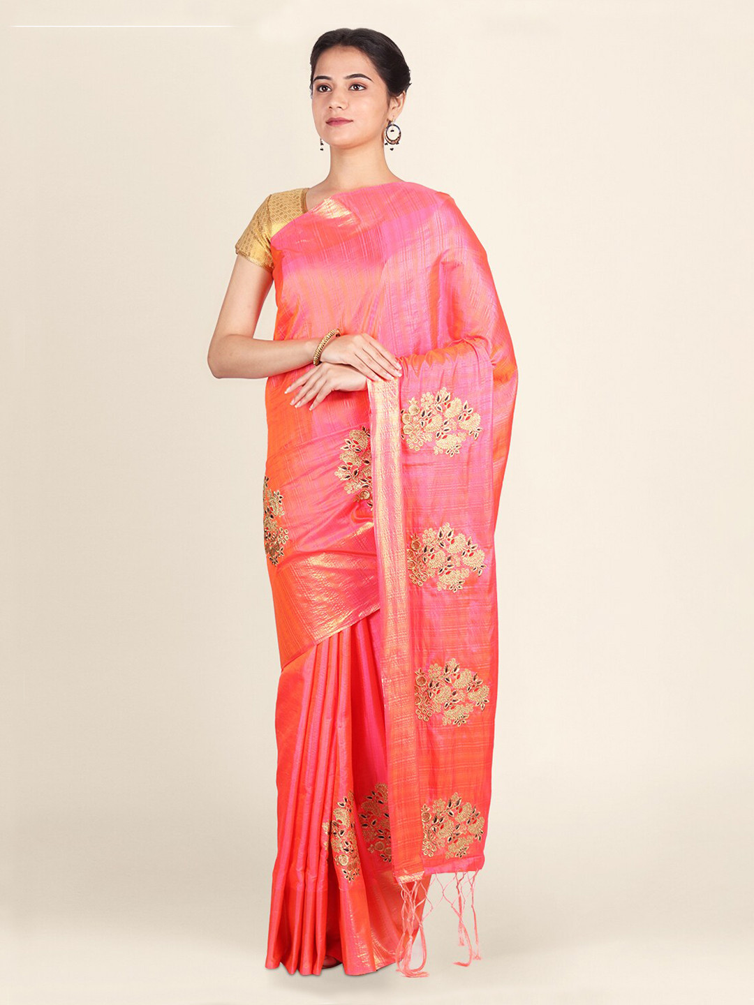 CLAI WORLD Pink & Gold-Toned Silk Blend Embroidered Saree