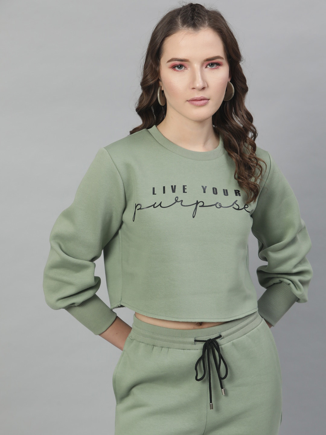 STREET 9 Green Typography Printed Crop Sweatshirt