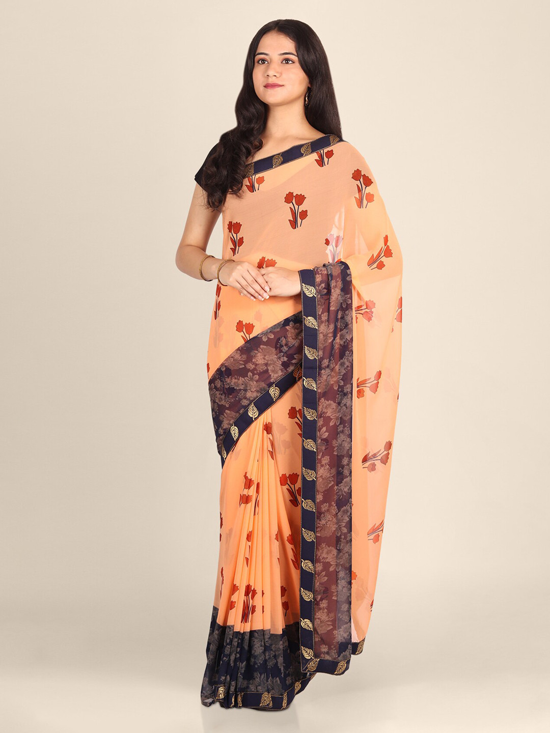 CLAI WORLD Peach-Coloured & Navy Blue Poly Georgette Striped Saree