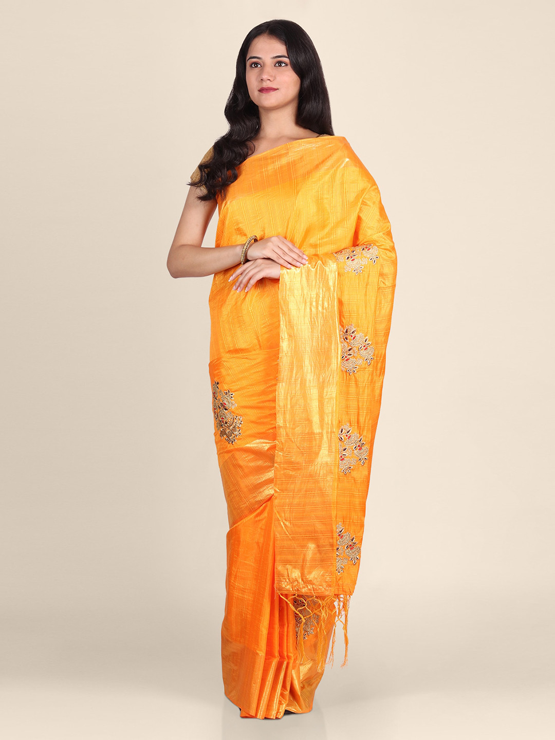CLAI WORLD Orange Woven Design Handloom Silk Blend Saree