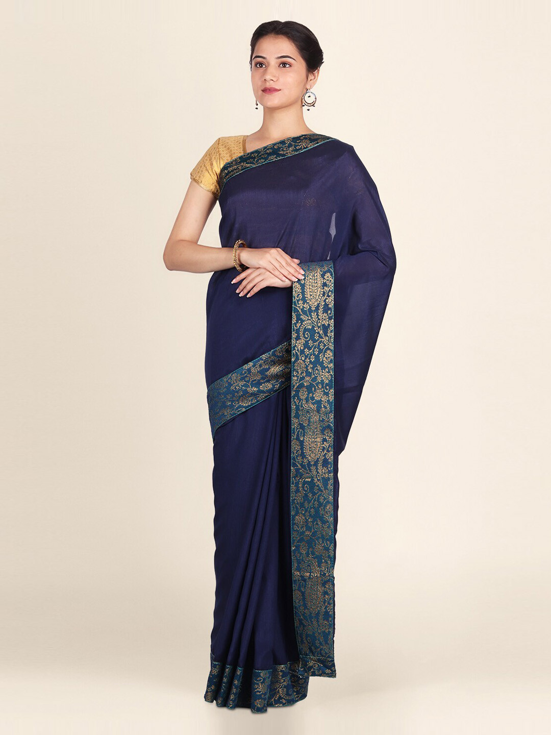 CLAI WORLD Navy Blue & Gold-Coloured Silk Blend Solid Handloom Saree