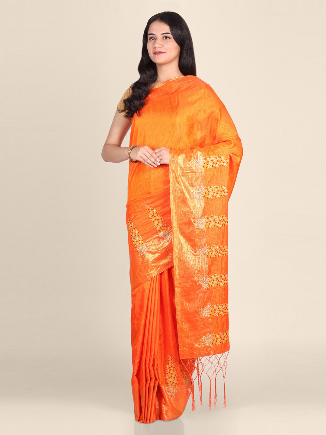 CLAI WORLD Orange Solid Silk Blend Saree