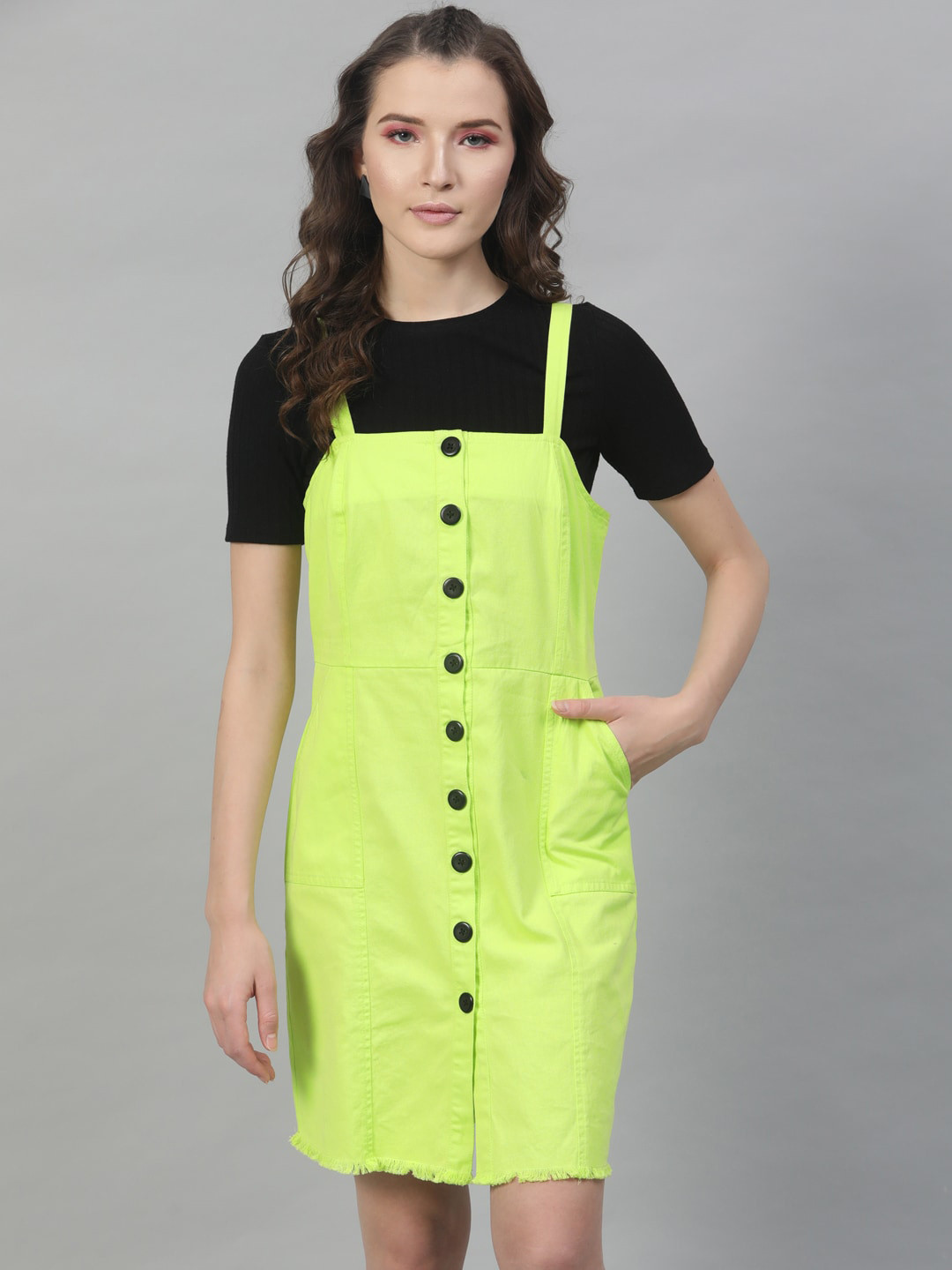 STREET 9 Women Fluorescent Green Solid Pinafore Pure Cotton Dress