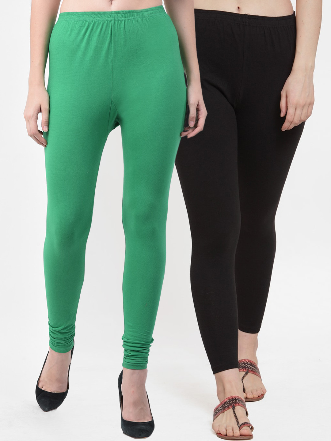 GRACIT Women Pack of 2 Black & Green Solid Churidar-Length Leggings