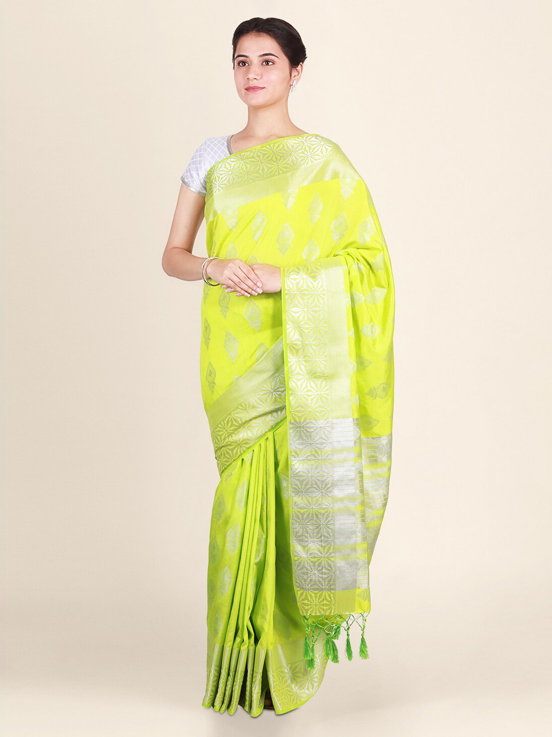 CLAI WORLD Lime Green & Silver-Toned Jute Silk Woven Design Saree