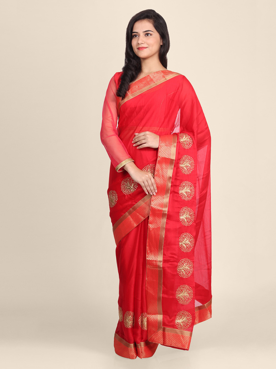 CLAI WORLD Red Solid Handloom Poly Georgette Saree