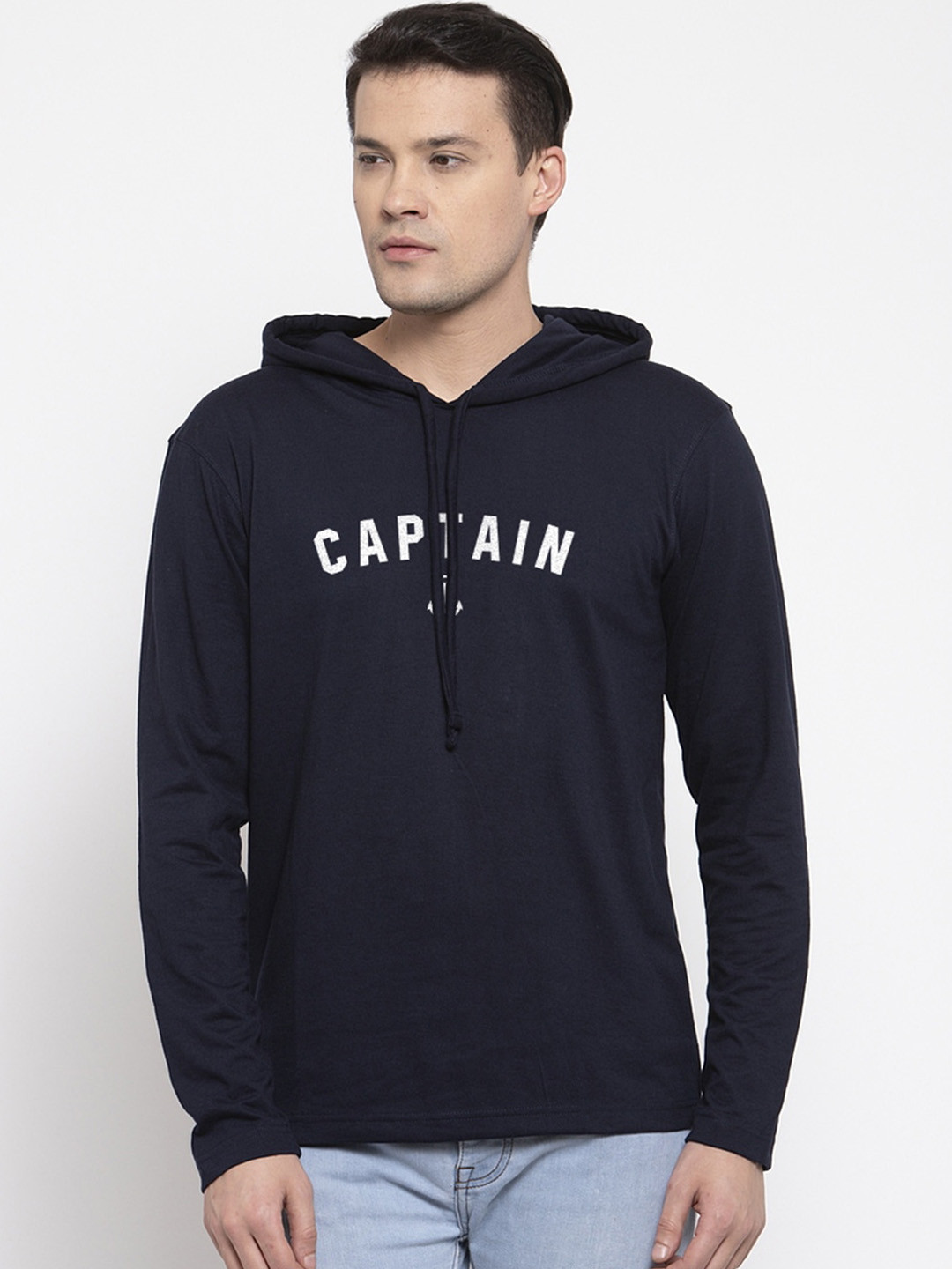 Friskers Men Navy Blue Printed Hood T-shirt