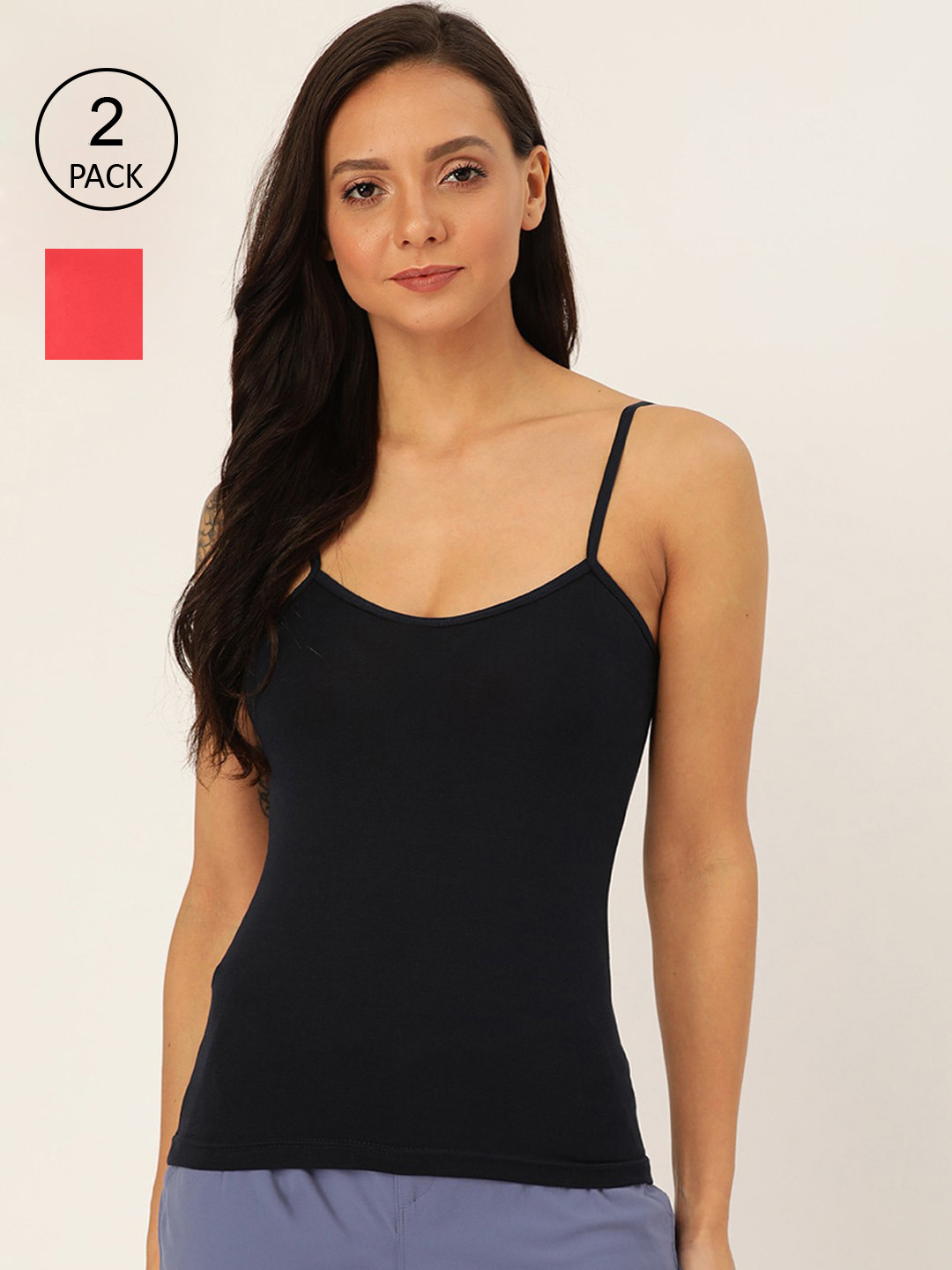 Lady Lyka Women Navy Blue Solid Pack of two Camisole