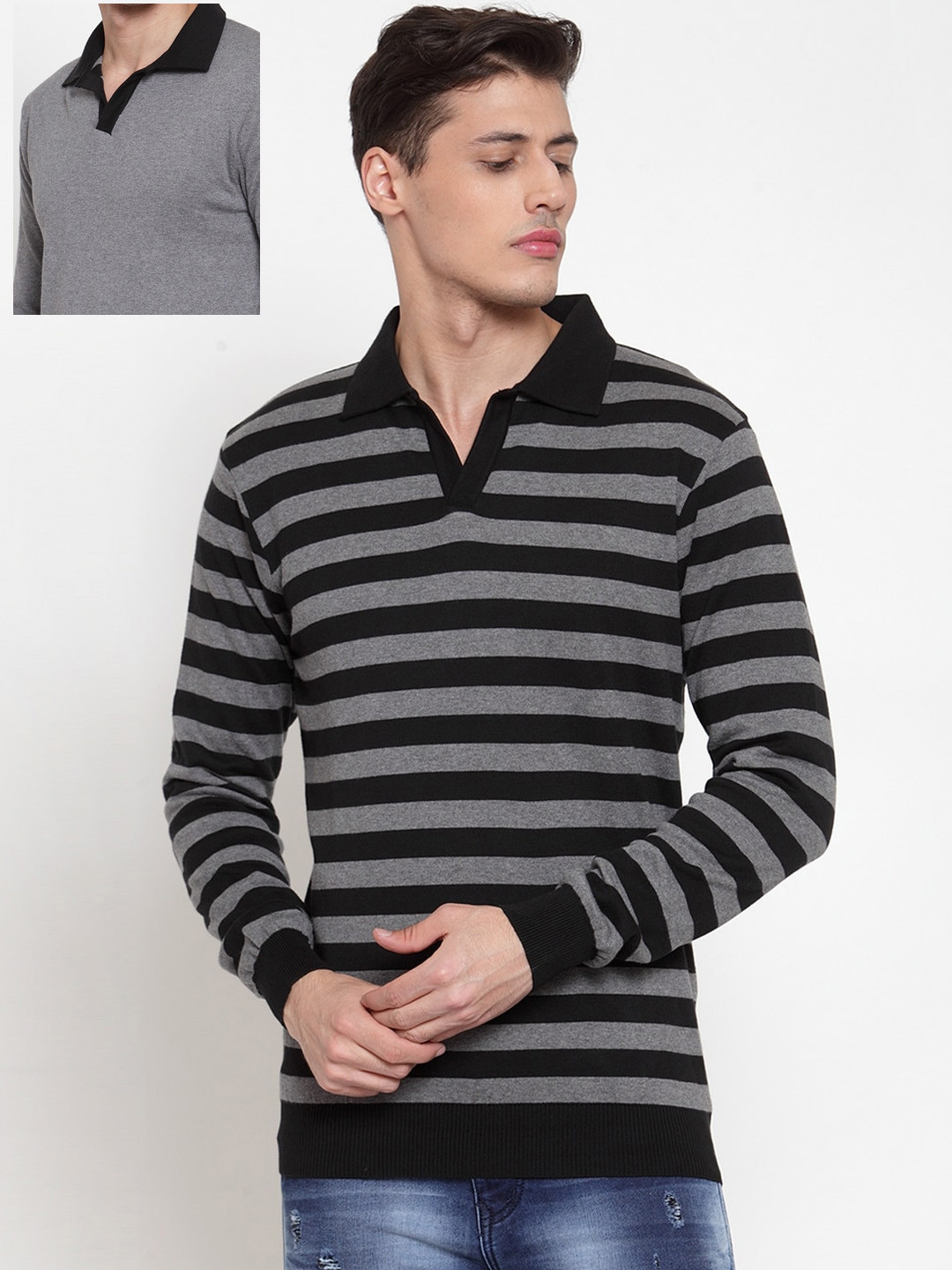 Kalt Men Grey & Black Striped Reversible Pullover
