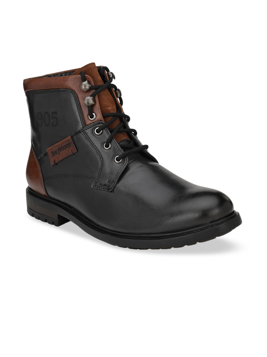 San Frissco Men Black Colourblocked Synthetic Mid-Top Flat Boots