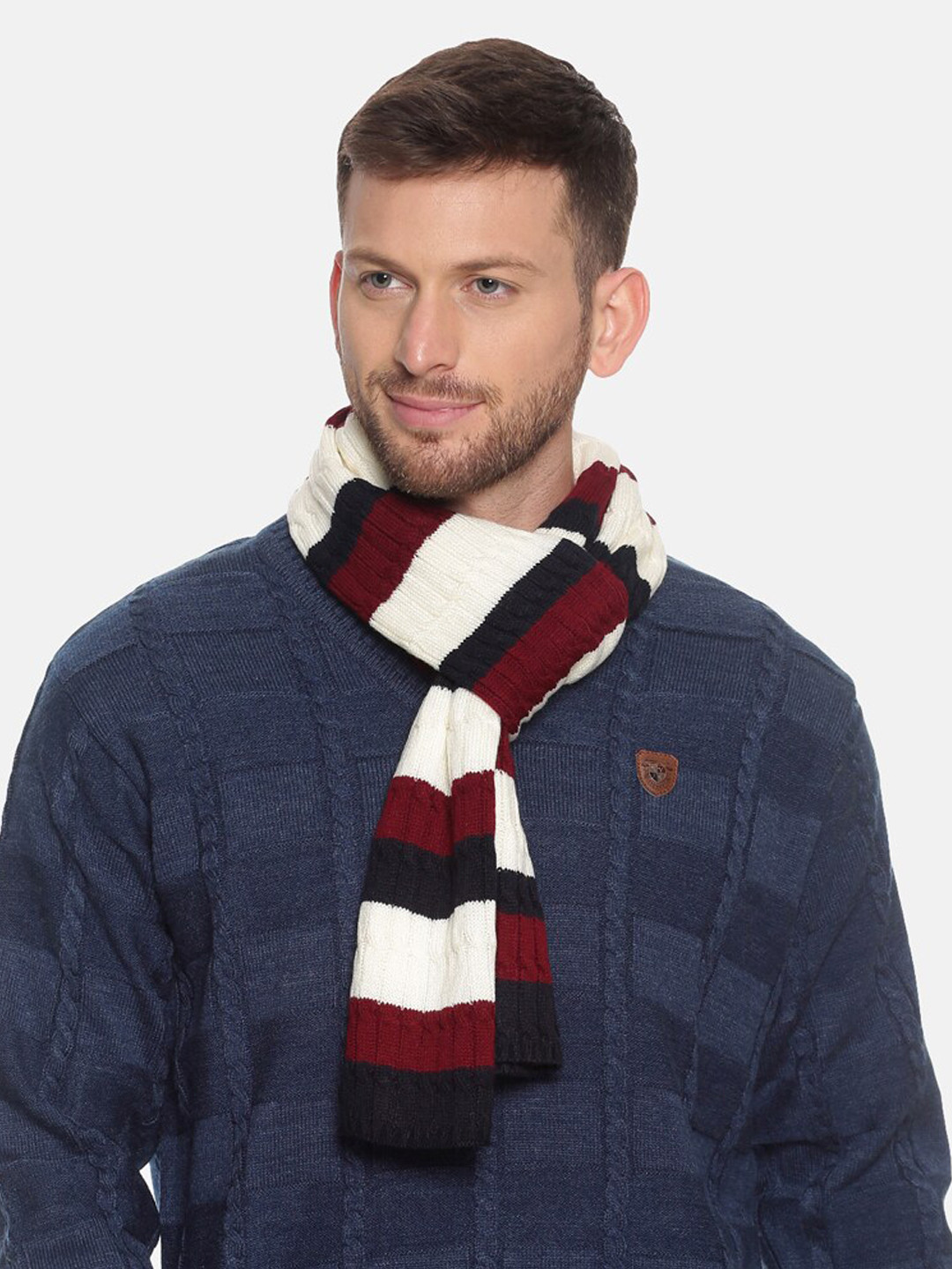 513 Men White & Navy Striped Patterned Muffler