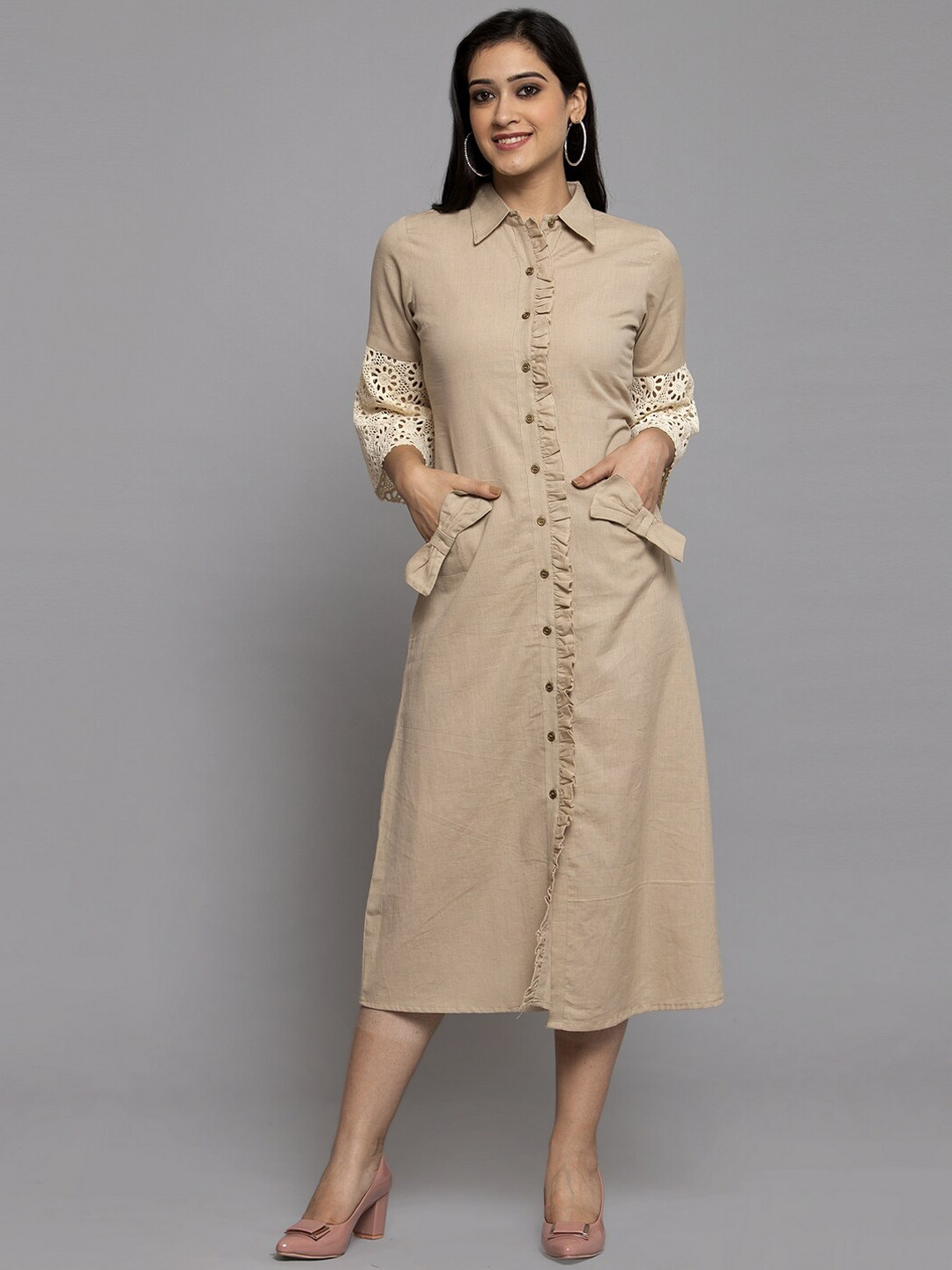 Get Glamr Beige Lace Inserts Shirt Dress