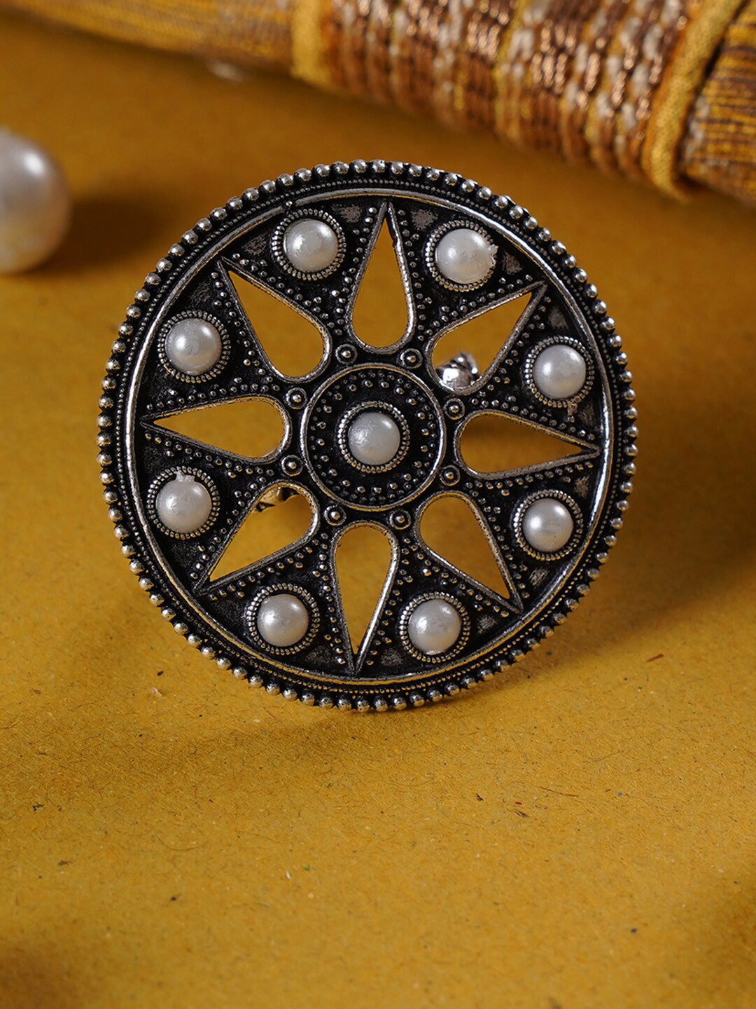 Shoshaa Women Silver-Plated & White Stone Studded Handcrafted Finger Ring