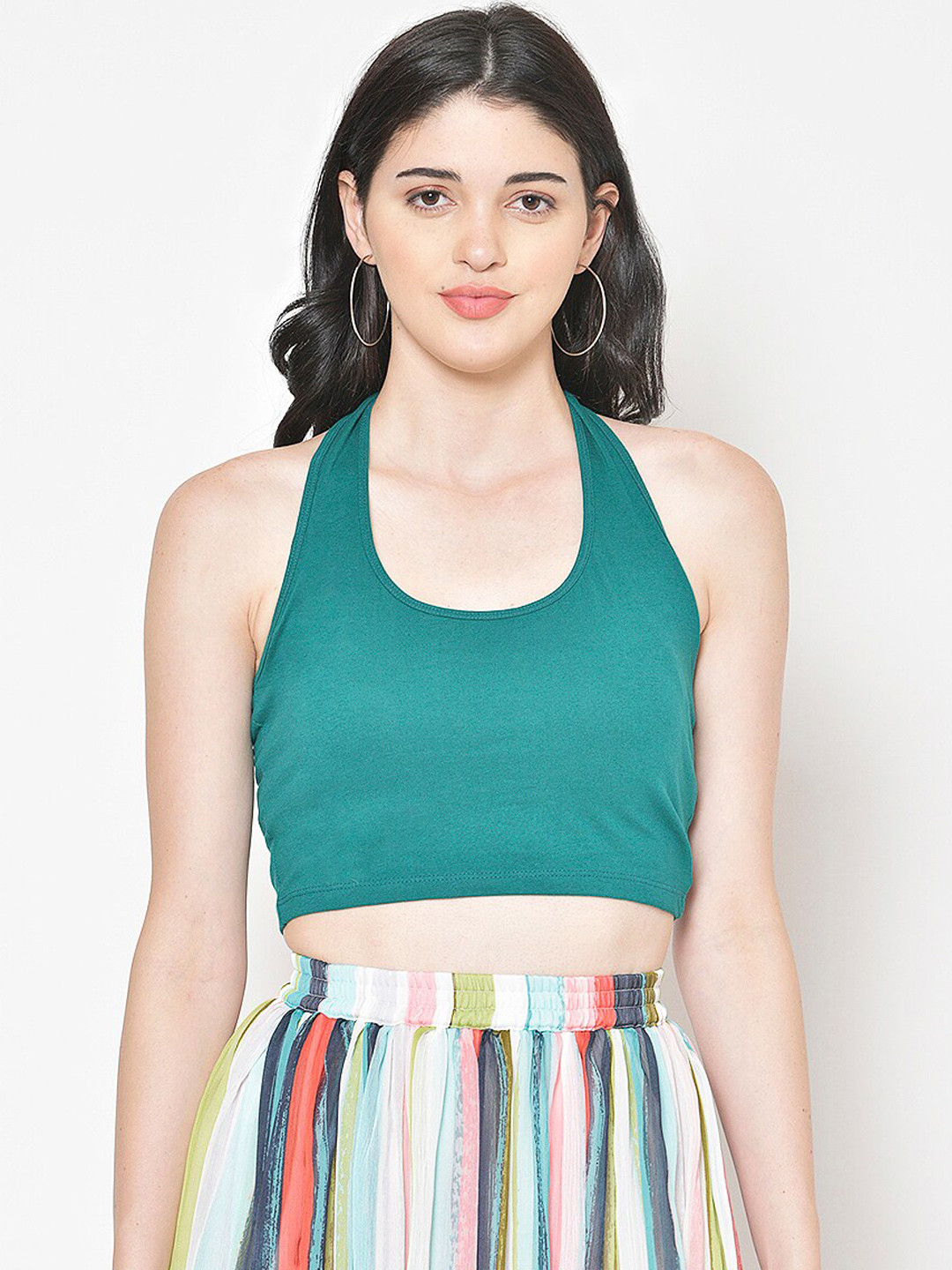 Cation Women Sea Green Solid Crop Tank Top