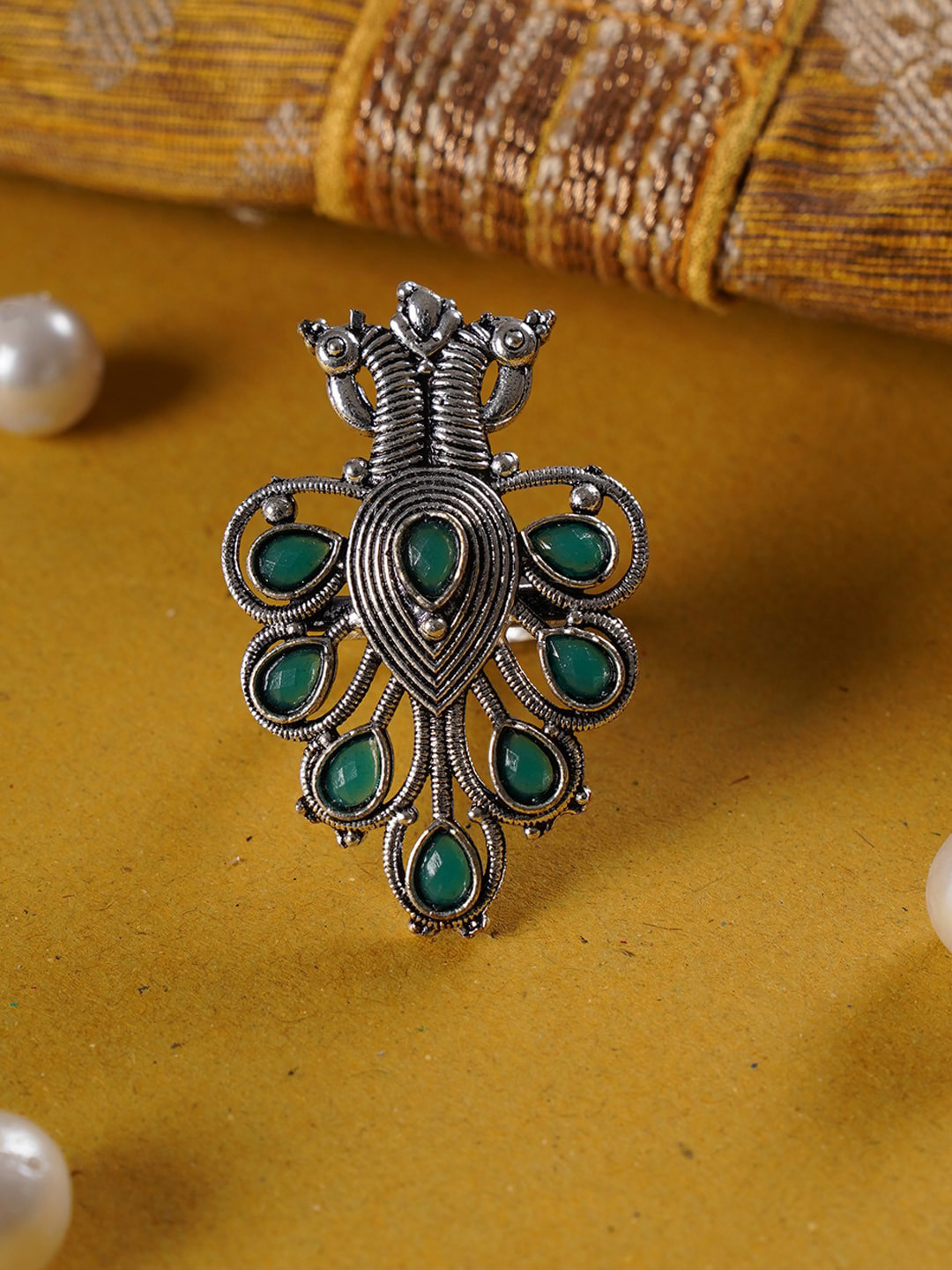 Shoshaa Oxidized Silver-Plated & Green Handcrafted Finger Ring