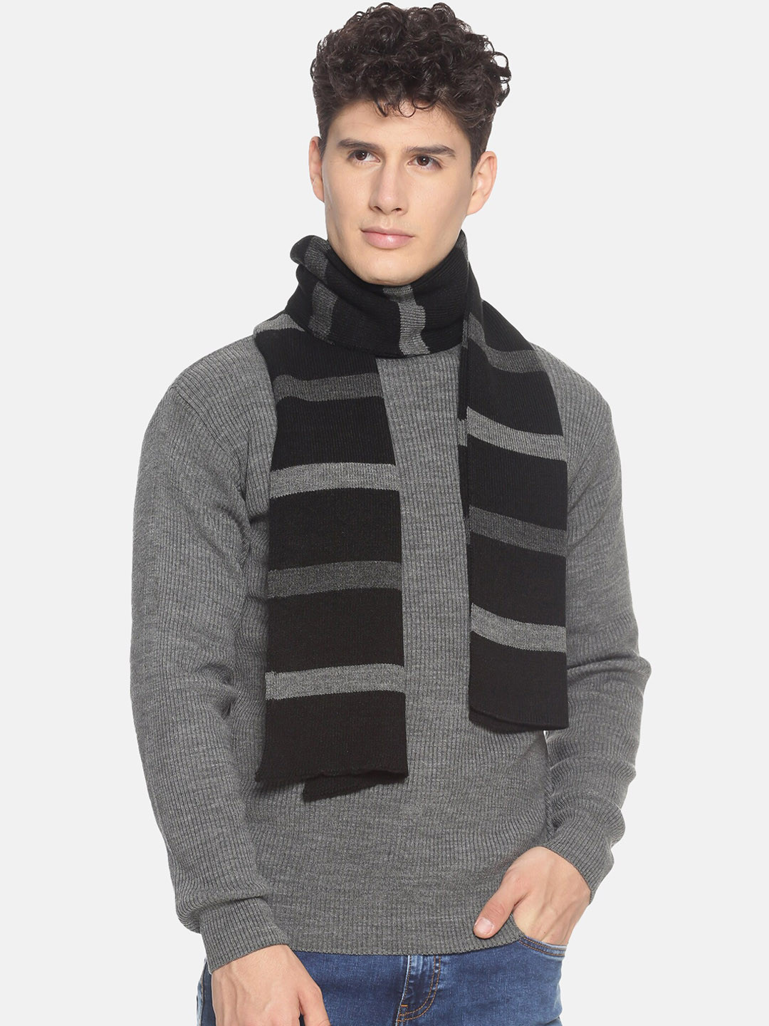 513 Men Black & Grey Striped Muffler