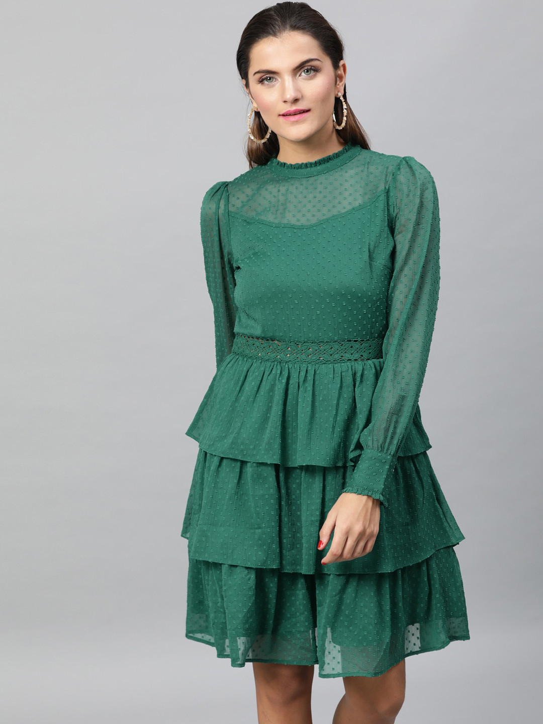 STREET 9 Women Green Self Design Fit and Flare Dress