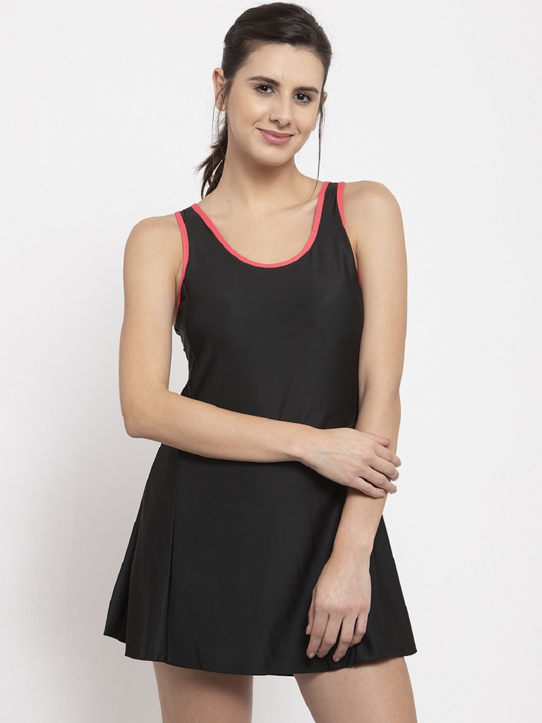 CUKOO Women Solid Black & Neon Pink Border Single Piece Swimwear with Attached shorts