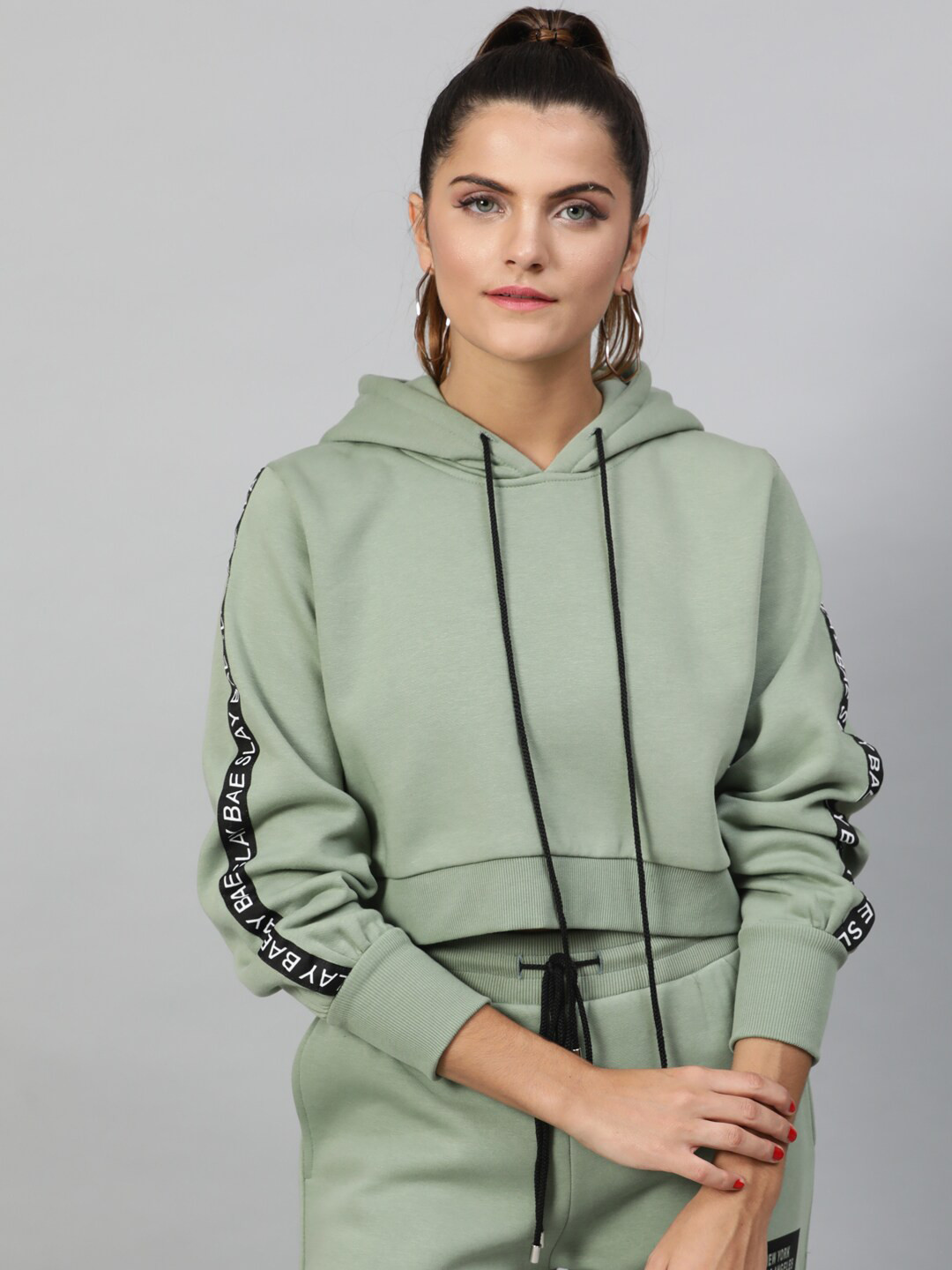 STREET 9 Women Sage Green Solid Hooded Crop Sweatshirt