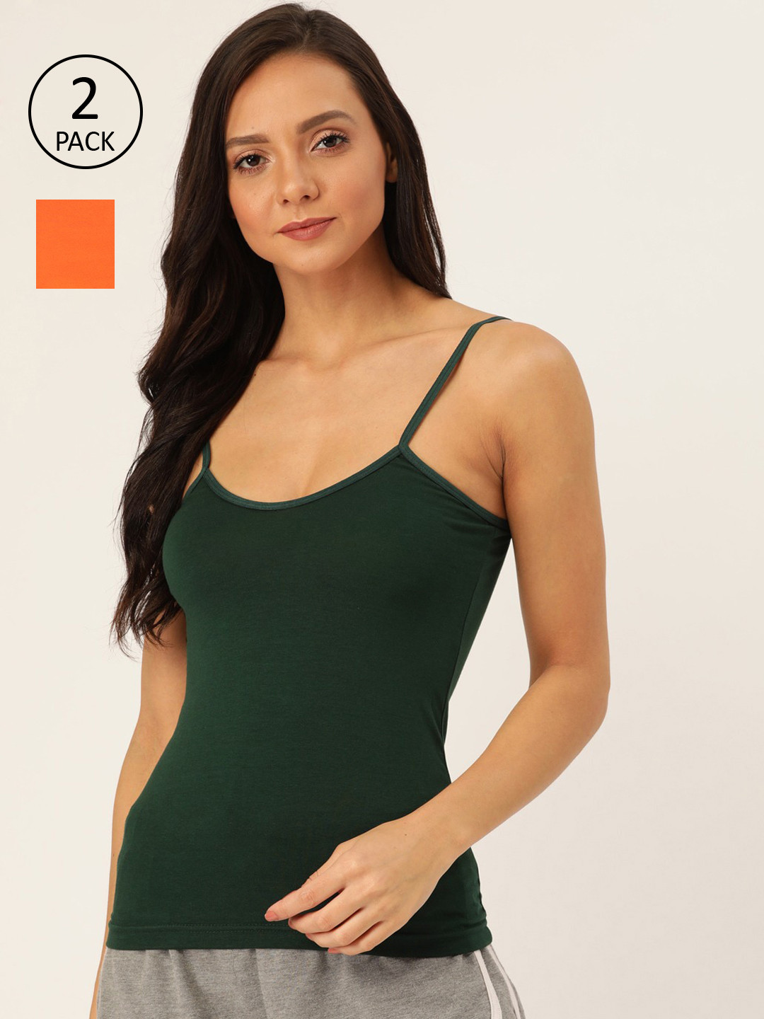 Lady Lyka Women Green And Orange Solid Camisoles