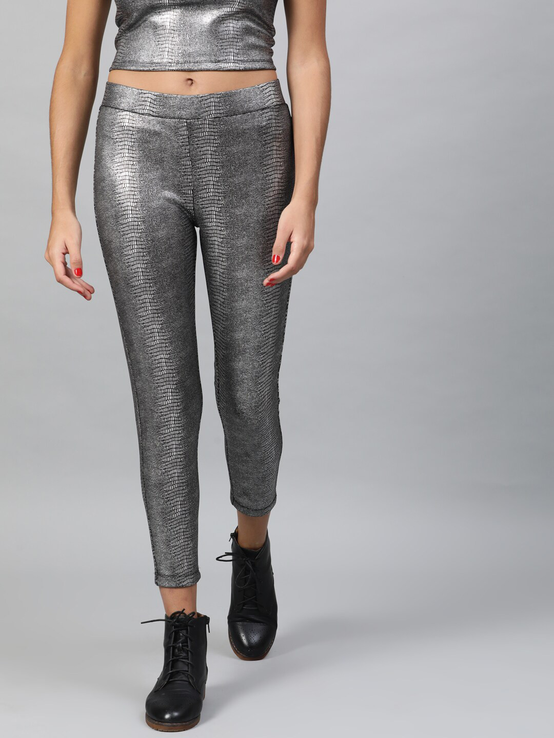 STREET 9 Women Silver Solid Skinny-Fit Treggings