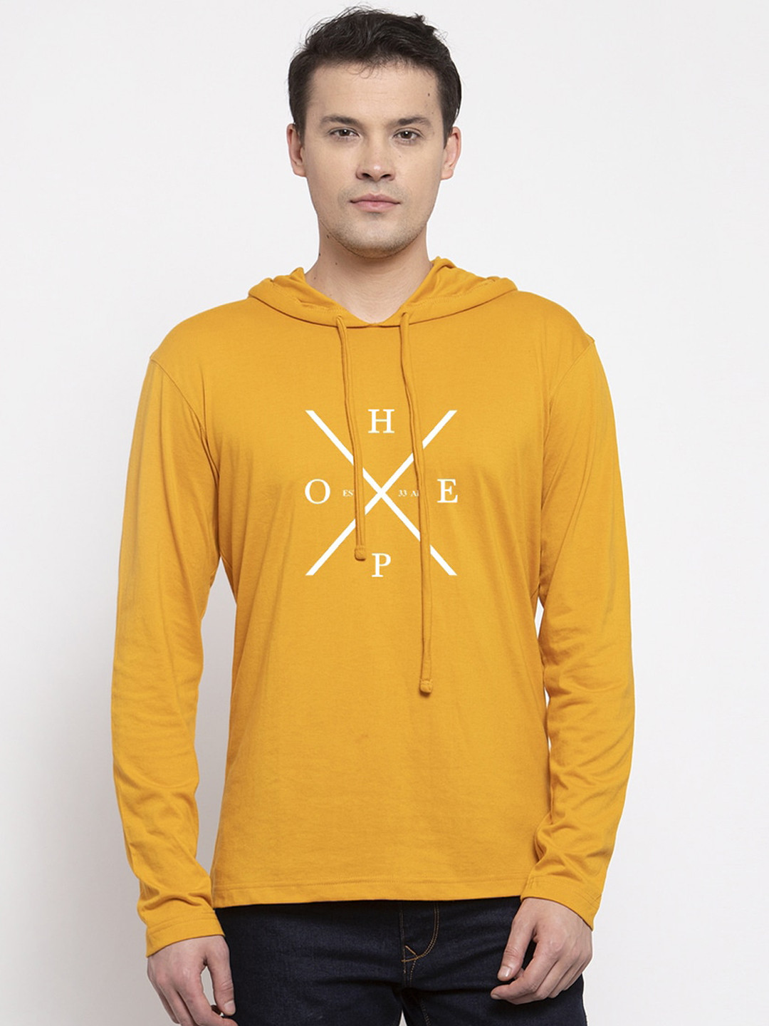 Friskers Men Mustard Yellow & White Printed Hood T-shirt