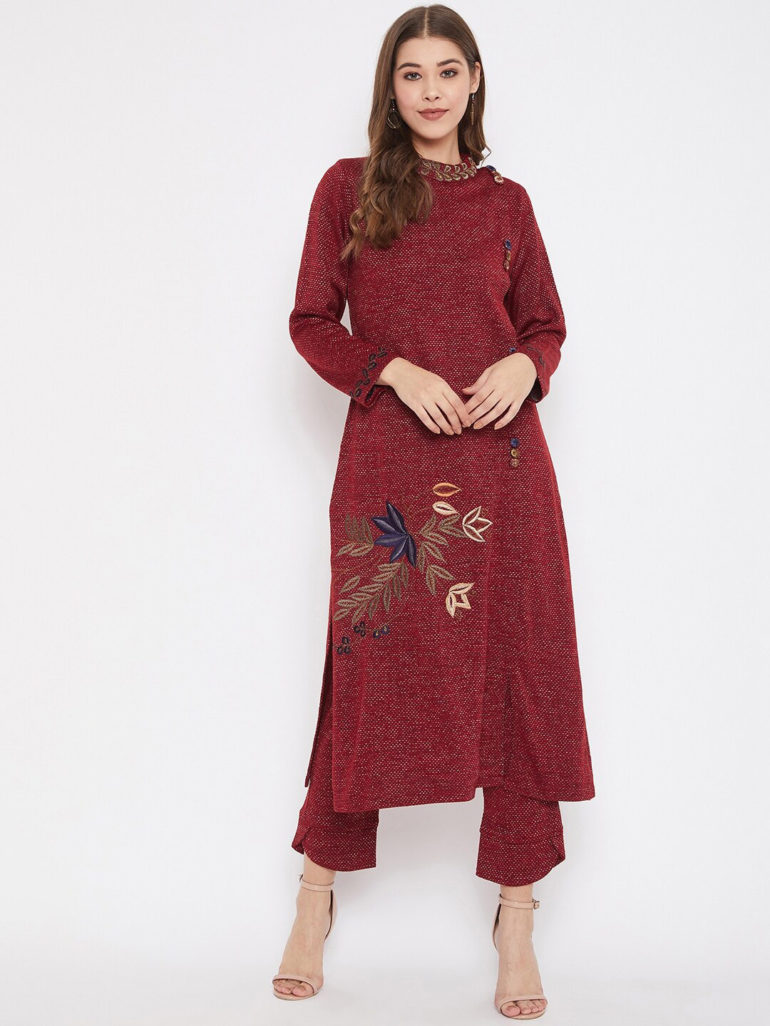 Zigo Winter Wear Women Maroon Printed Kurta with Trousers