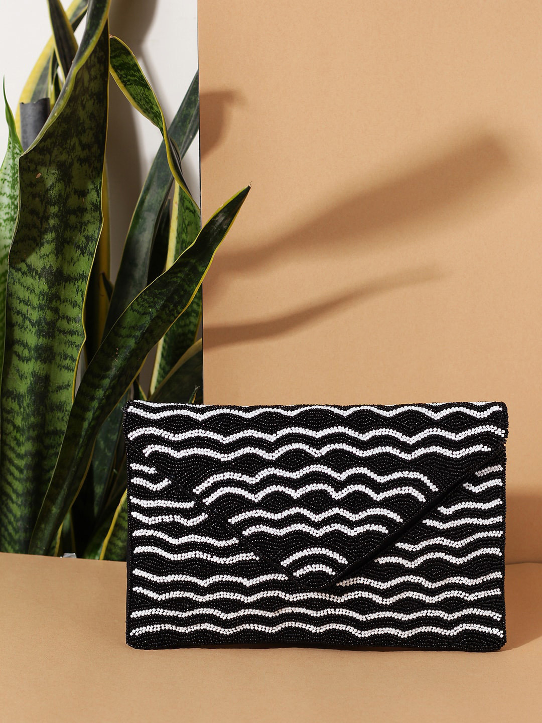 STREET 9 Women Black & White Beaded Embellished Envelope Clutch