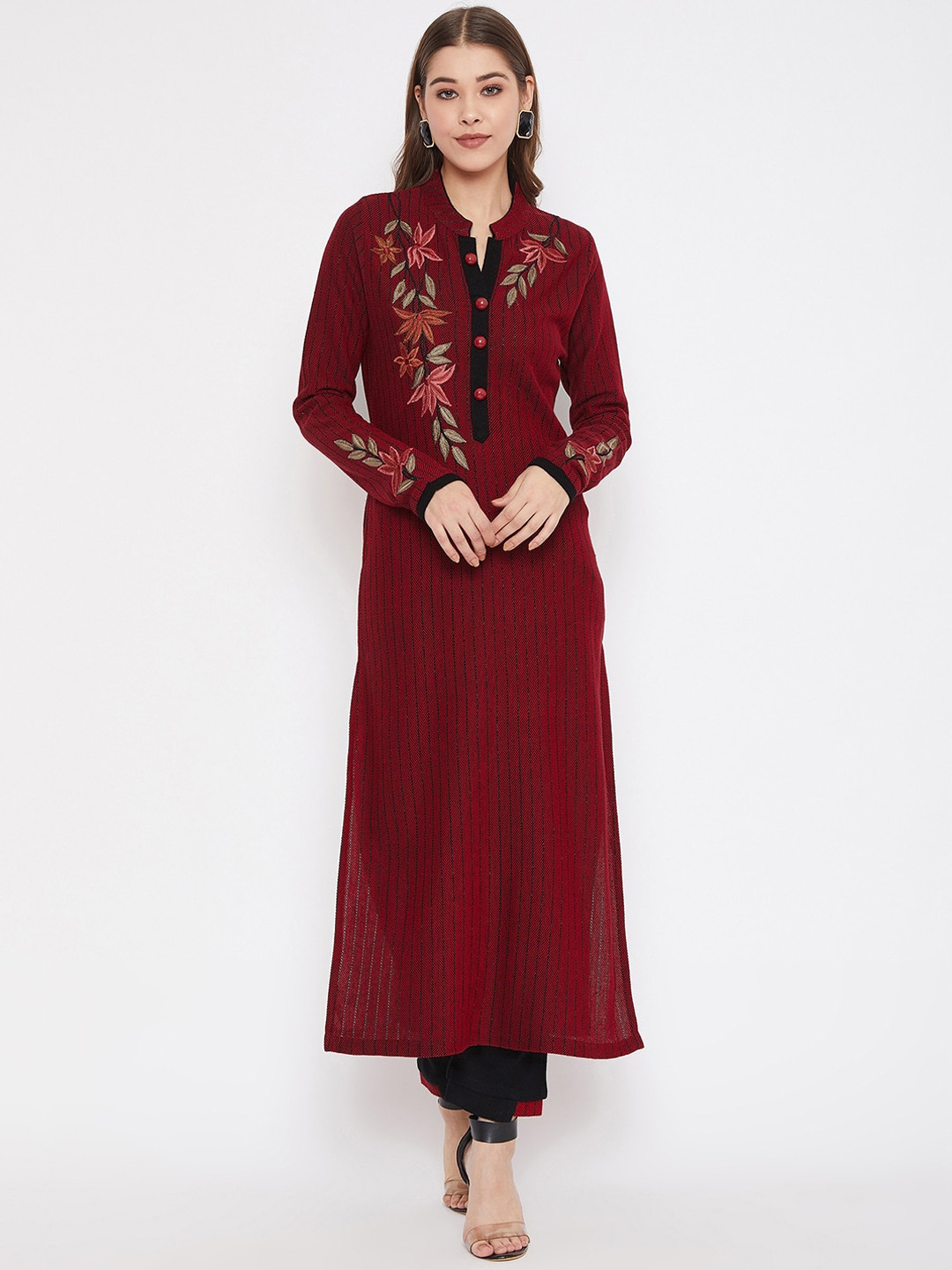 Zigo Winter Wear Women Red & Black Embroidered Kurta with Trousers