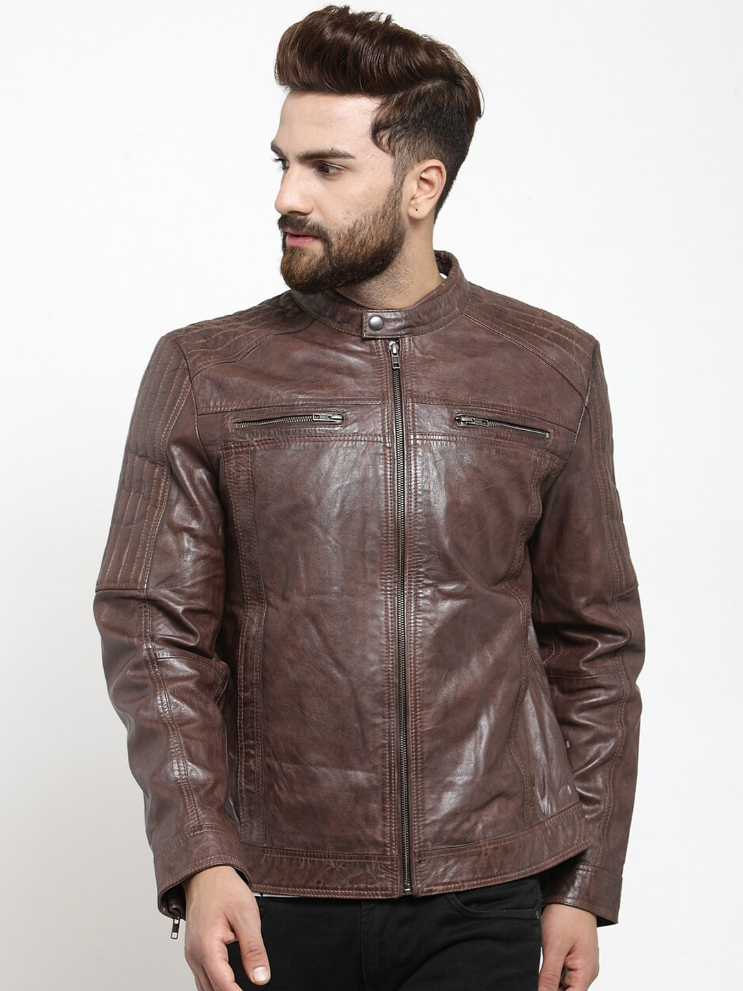 Teakwood Leathers Men Brown Printed Leather Jacket