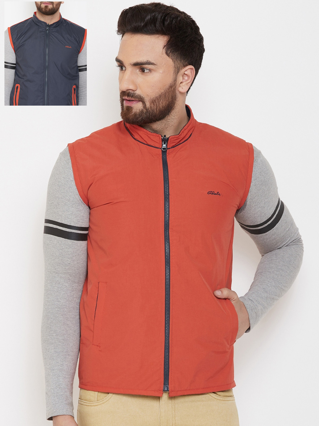 Adobe Men Blue & Rust Orange Colourblocked Reversible Bomber