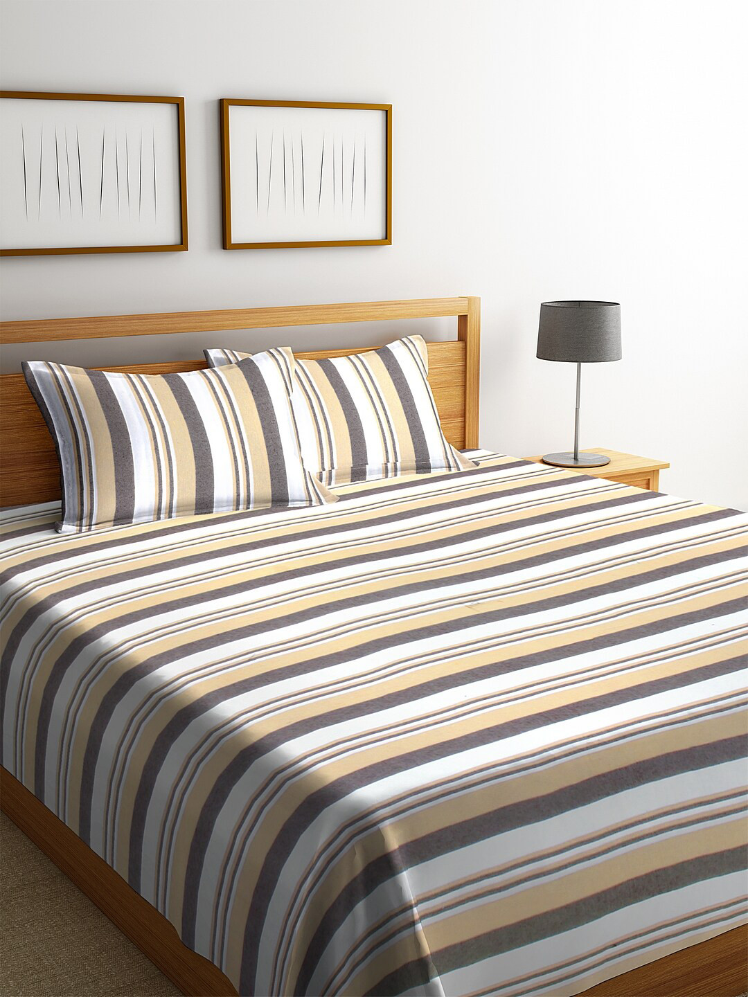 KLOTTHE Brown & White Striped Double King Bed Cover With 2 Pillow Covers